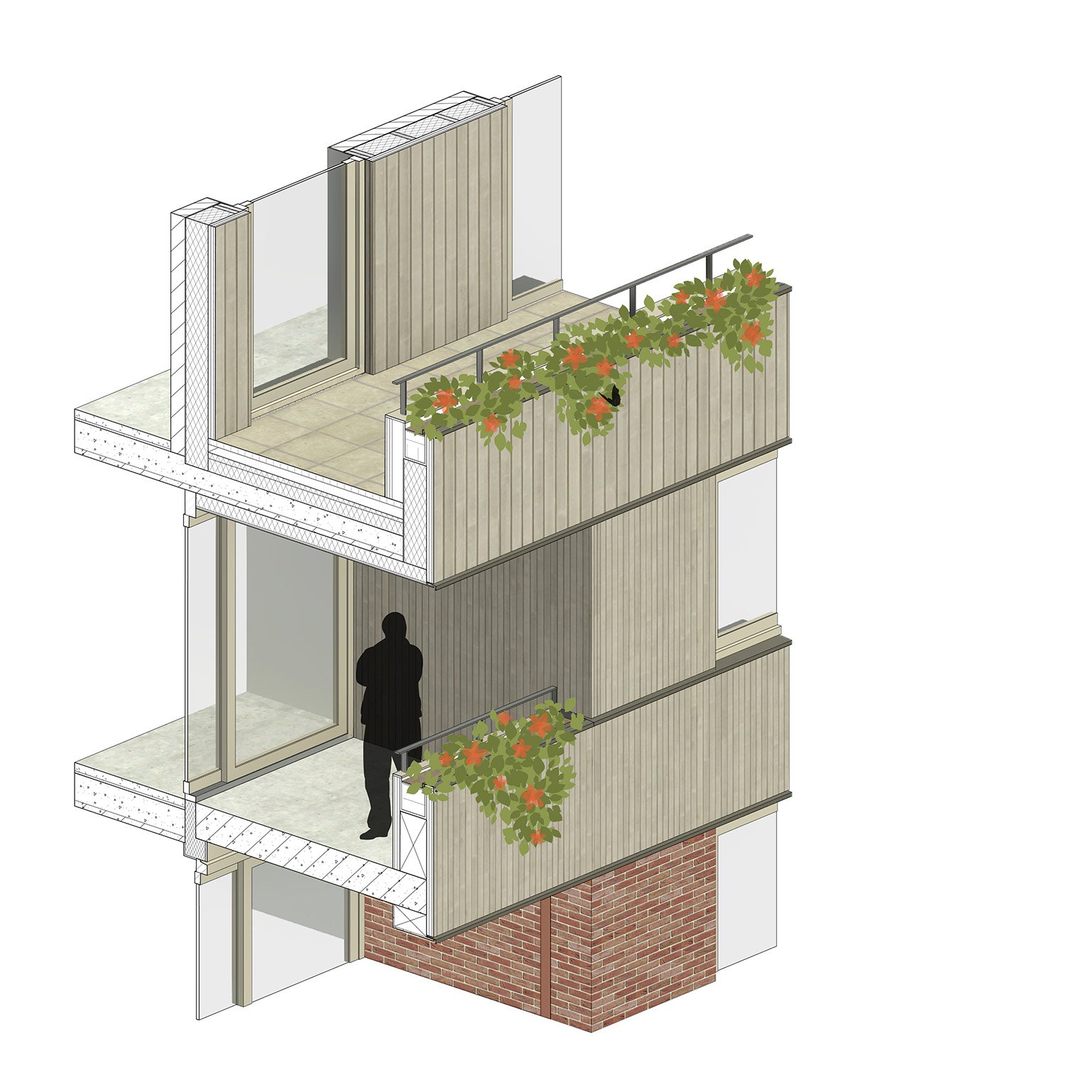 De Pioniers Espel axonometrie met terrassen
